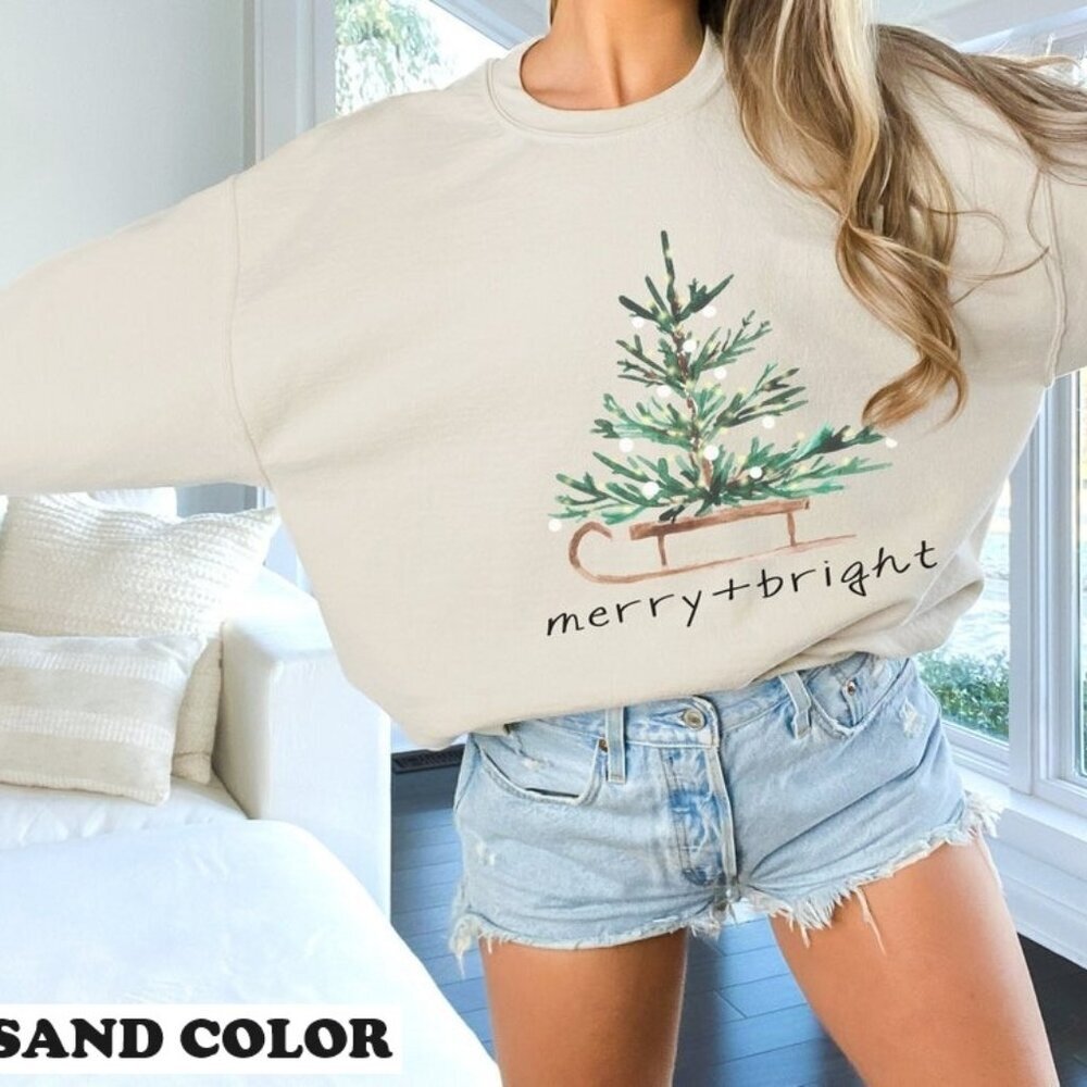 Merry And Bright Christmas Sweatshirt Cozy Tree Pullover Winter Holiday Gift 05